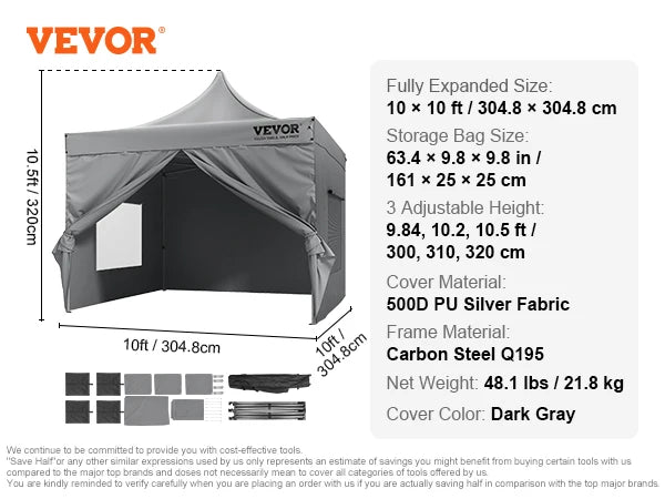 VEVOR 10x10 FT Pop up Canopy with Removable Sidewalls Portable Gazebo & Wheeled Bag UV Resistant Waterproof Tent for Patio