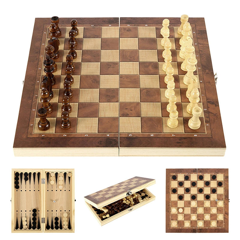 International Chess 3-in-1 Wooden Chess Set Toy Educational Brain Training Folding Board Game for Children High-end Gift