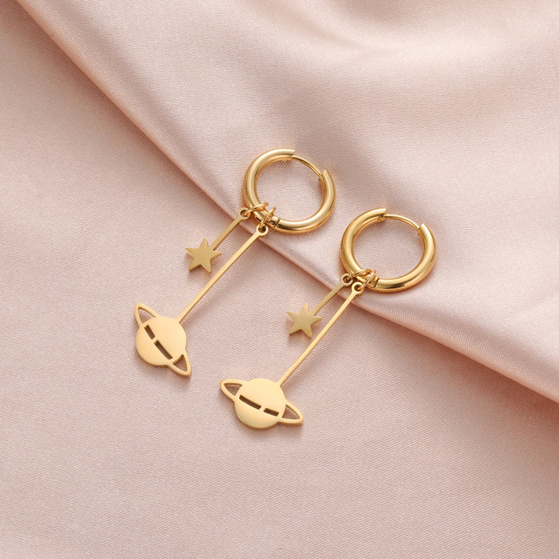 Skyrim Stainless Steel Gold Color Hoop Earrings Women Heart Star Saturn Pendant Tassel Earrings Fashion Jewelry Christmas Gift