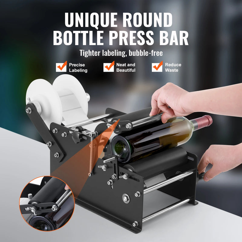 SucceBuy Manual Round Bottle Labeling Machine 15-20pcs/min Adjustable Labeler for Bottles Dia 0.78-4.72 in (with Pressing Bar)