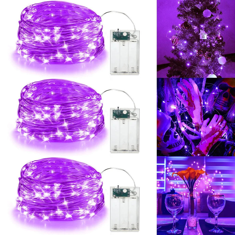 30/50/100LED Copper Wire String Lights Battery Powered Halloween Purple Fairy Light Indoor Wedding Christmas Garland Party Decor