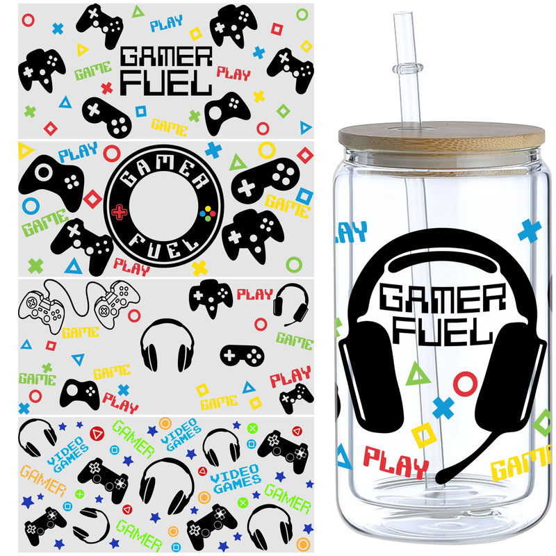 5 Sheets Gaming UV DTF Cup Stickers, Glass DTF Transfer Stickers,Waterproof Game Controller Wipe Transfers for 16 oz Glass,Mugs，