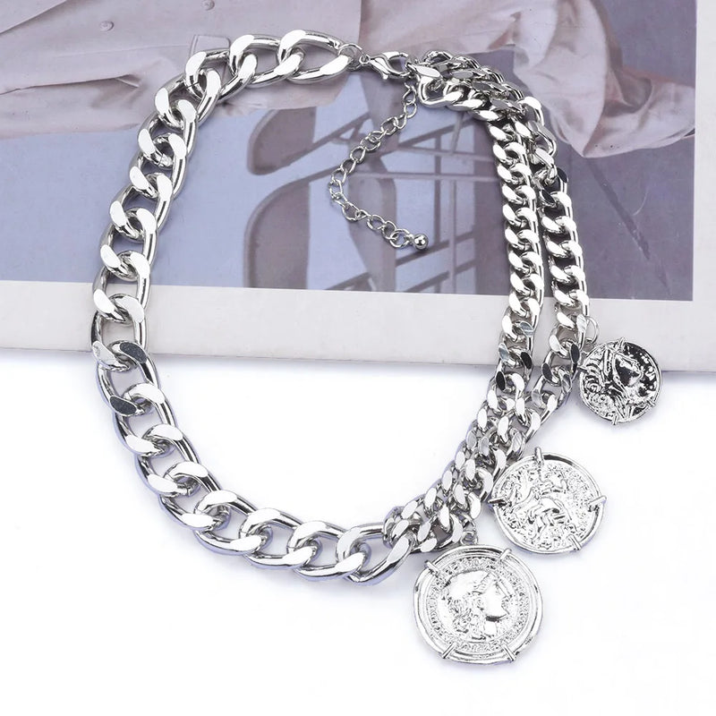 2025 New Contrast Metal Chain Links Choker Necklace With Charm Coin Pendants Jewelry Women Gold Silver Color  Punk Necklace