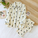 Spring New Ladies Pajamas Set Heart Printed Crepe Cotton Double-layer Gauze Turn-down Collar Long-sleeve Trousers Household Wear
