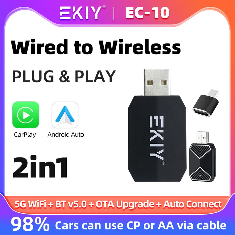 EKIY Wireless CarPlay Android Auto A2A Adapter For Audi Toyota Mazda Nissan Chevrolet Suzuki Subaru Kia Ford Opel Skoda Hyundai