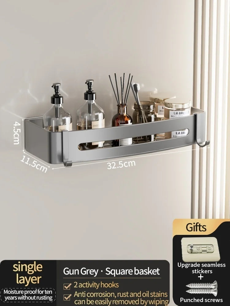 No Need to drill Wall Installation Aluminum Bathroom Shelf Shelves Shampoo Rack Storage Holder Kitchen Organizer Wall Rack