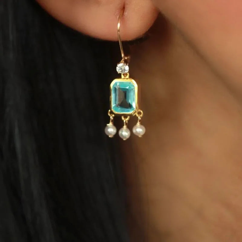 Dainty Pearl Inlay Blue Zircon Drop Earrings Chic Jewelry Gold Color Geometric Crystal Dangle Earrings For Ladies Girl Party