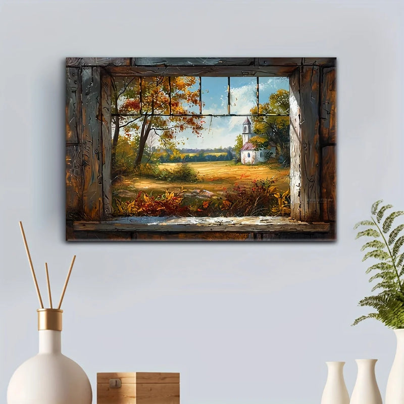 1 PCWooden Framed Canvas Window & Tree Wall Art Print For Home Living Room & Bedroom Holiday Party Decoration Gift Hangable