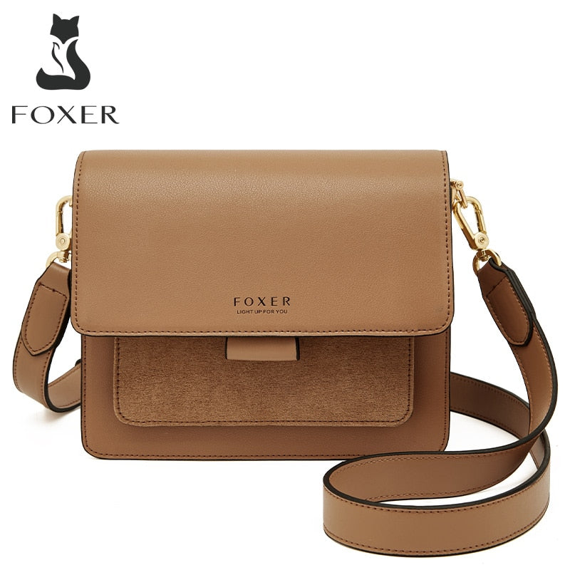 FOXER Women Organ Bag Split Cow Leather Crossbody Shoulder Bags Female Fashion Messenger Bag Small Lady Flap Purse Gift for Girl