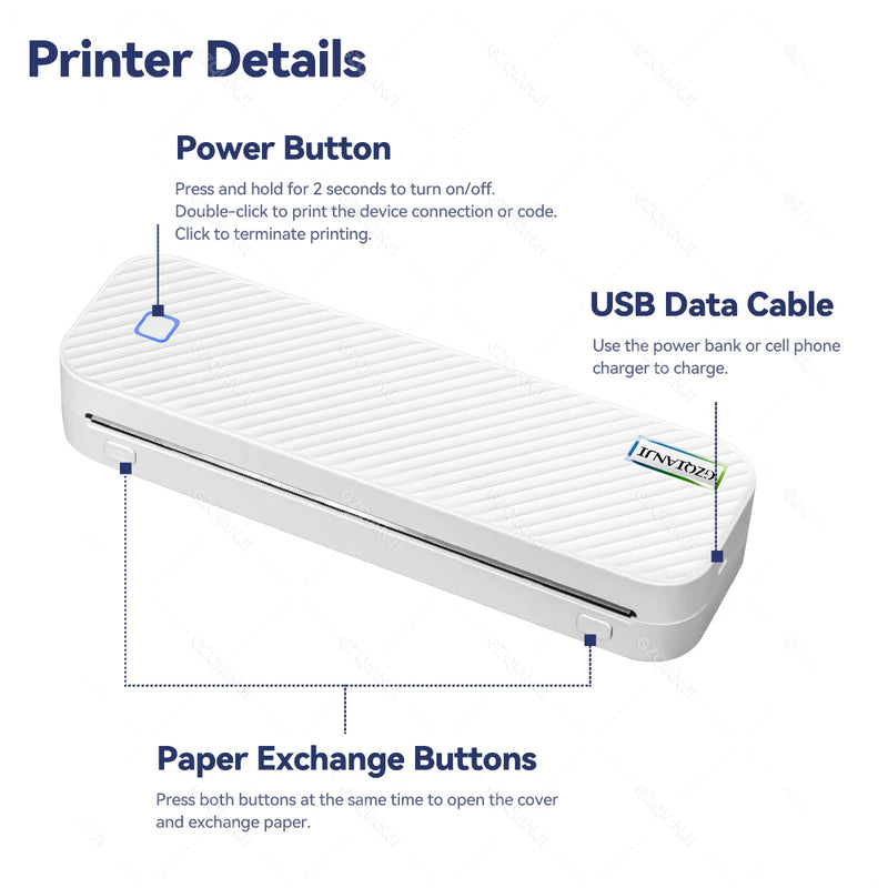 Wireless Mini A4 Thermal Printer Inkless Portabl Bluetooth A4 Paper Mobile Phone Photo Document Printer For Office/Work/Home