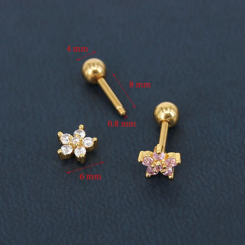 1 Pcs Minimalist Tiny Stainless Steel Cartilage Stud Earring Cubic Zircon Pentagram Flower Small Piercing Ear Jewelry Accessory