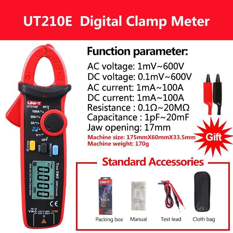 UNI-T UT210E Mini Digital AC DC Current Clamp Meter Voltage Voltmeter 100A  Ammeter Pliers Electrical Frequency Tester
