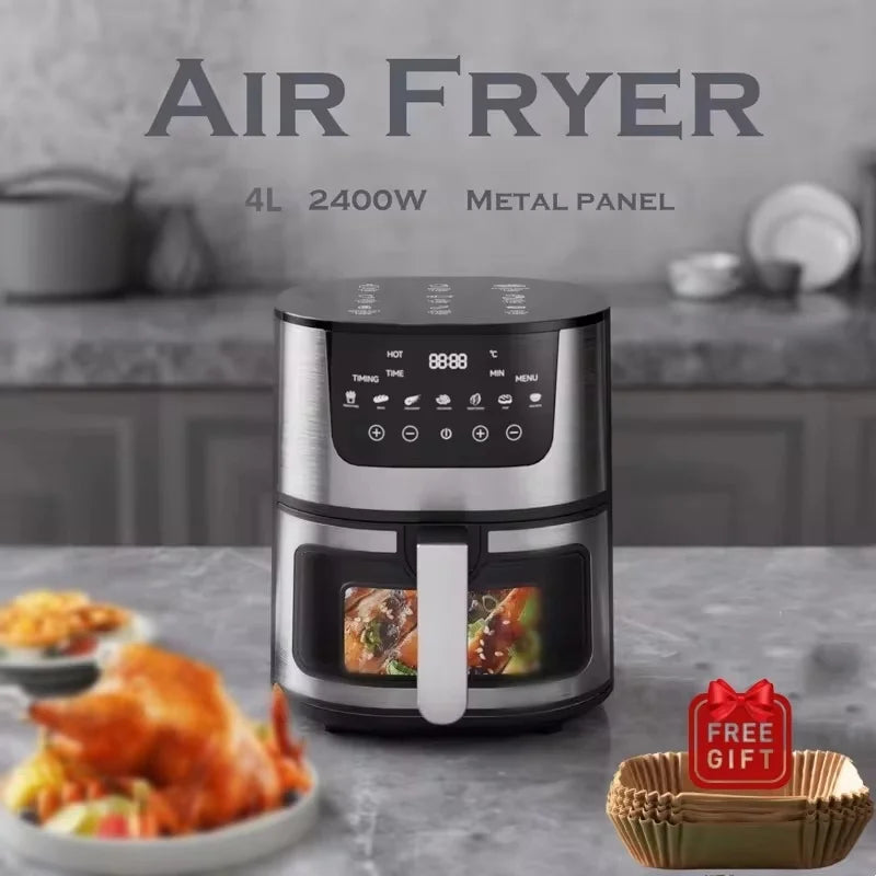 2024 New 4L Large Capacity Household Automatic Intelligent Air Fryer Visual Window Design Touch Screen Stainless Steel Oven