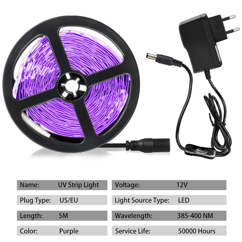 UV LED SMD2835 Light Strip Flexible LED Strip Light Ultraviolet UV Lamp 385-400nm Black Light 2835 SMD DC12V LED Ribbon