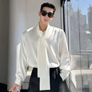 IEFB Korean Fashion Men's Shirt Bow Tie Design Loose Simple Fresh Long Sleeve Casual 2024 Spring Solid Color Male Tops 9C5081