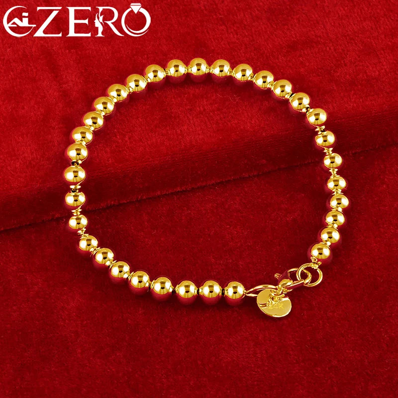 ALIZERO 925 Sterling Silver 18K Gold Smooth 6MM Beads Bracelet Chain For Woman Charms Wedding Engagement Party Jewelry Gifts