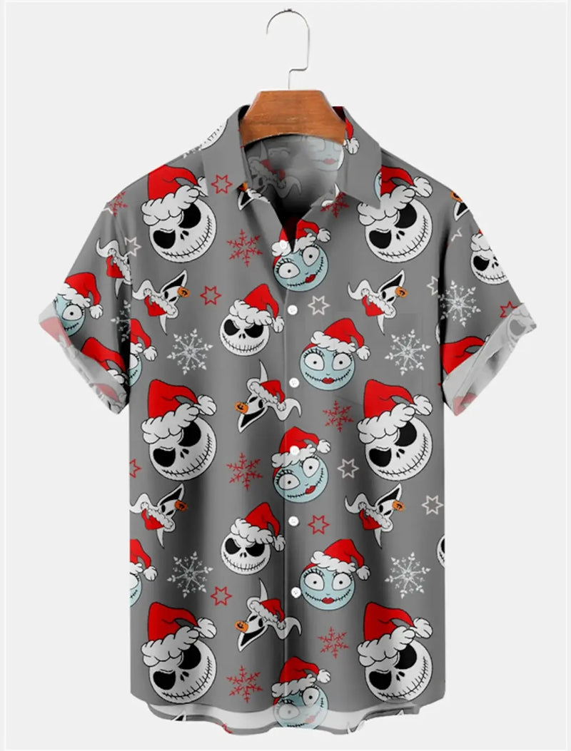 Skull Goth Men's Shirt Casual Weekend Fall Men's Lapel Top Short Sleeve Shirt Four-Way Stretch Comfortable Christmas Shirt