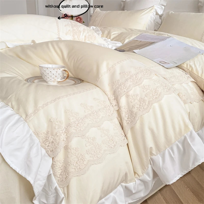 3pcs Princess style pillowcase set, duvet cover set with pillowcases, Lace bedding set, king and double, beige