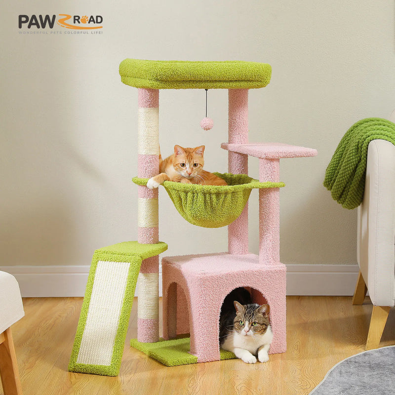 Cat Tree for Indoor Cats, Small Cat Tower with Large Cat Condo, Cat Scratching Posts, Cozy Cat Hammock and Cat Scratching Ladder