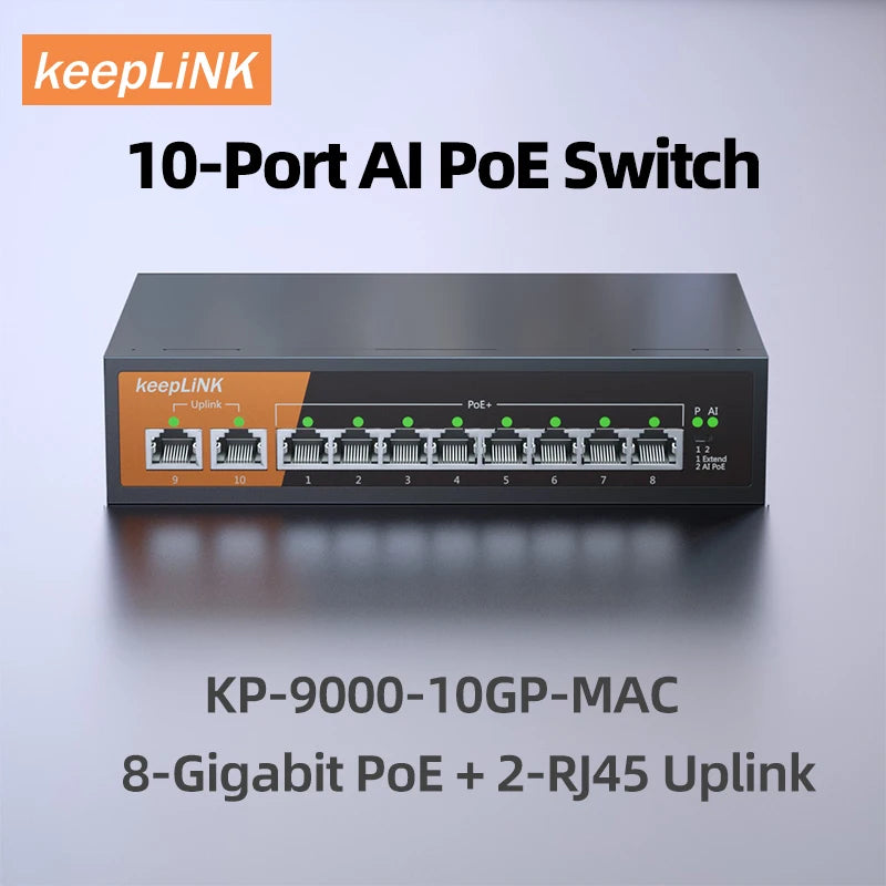 KeepLiNK 10-Port Gigabit Ethernet Switch with 8-PoE Ports and 2-RJ45 Copper Uplink Plug and Play
