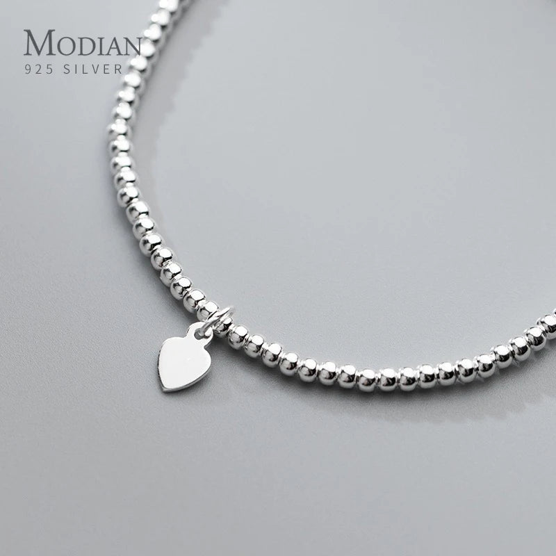 Modian Real 925 Sterling Silver Simple Heart Beads Bracelet for Women Platinum Plated Adjustable Bracelets Party Gift 16+3CM
