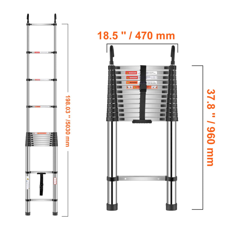 VEVOR Telescoping Ladder Stainless Steel Extension Multi-Button Retraction Collapsible Ladders 375LBS Capacity & Non-Slip Feet