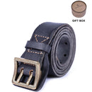 Vintage Genuine Leather Men's Belt With Copper Buckle, Handmade Casual Double Pin Buckle Belt With Gift Box, Thickened Top-layer