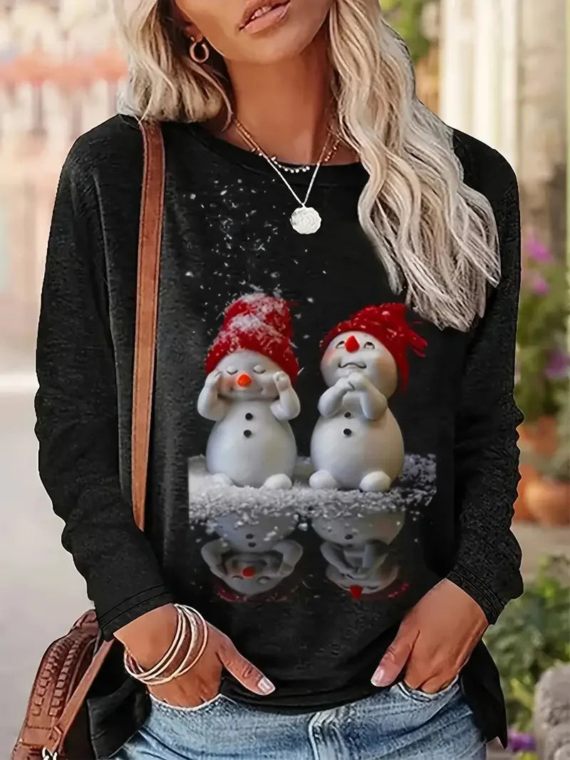 Cotton Women‘s T-shirt Autumn Long Sleeve Christmas Print Female Oversized Clothing Street Casual Crew Neck Pullover Swearshirt