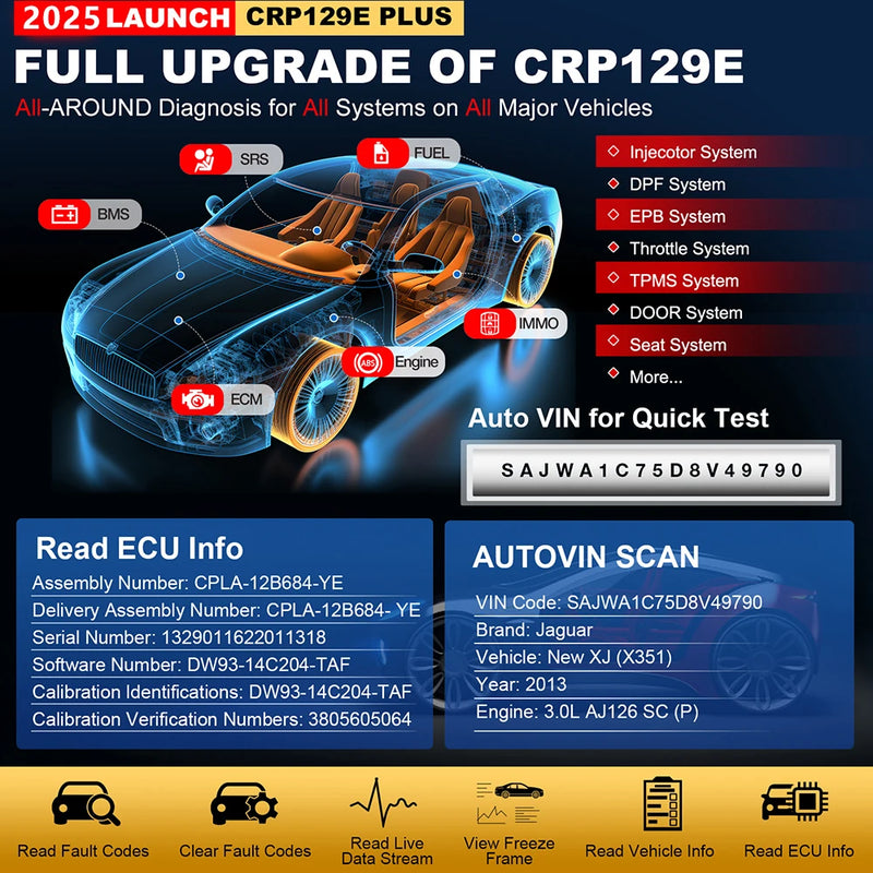 LAUNCH X431 CRP129E PLUS Car Full Systems EOBD OBD2 Scanner Diagnostic Tool 8 Reset Services Auto VIN Scan Battery Test Update