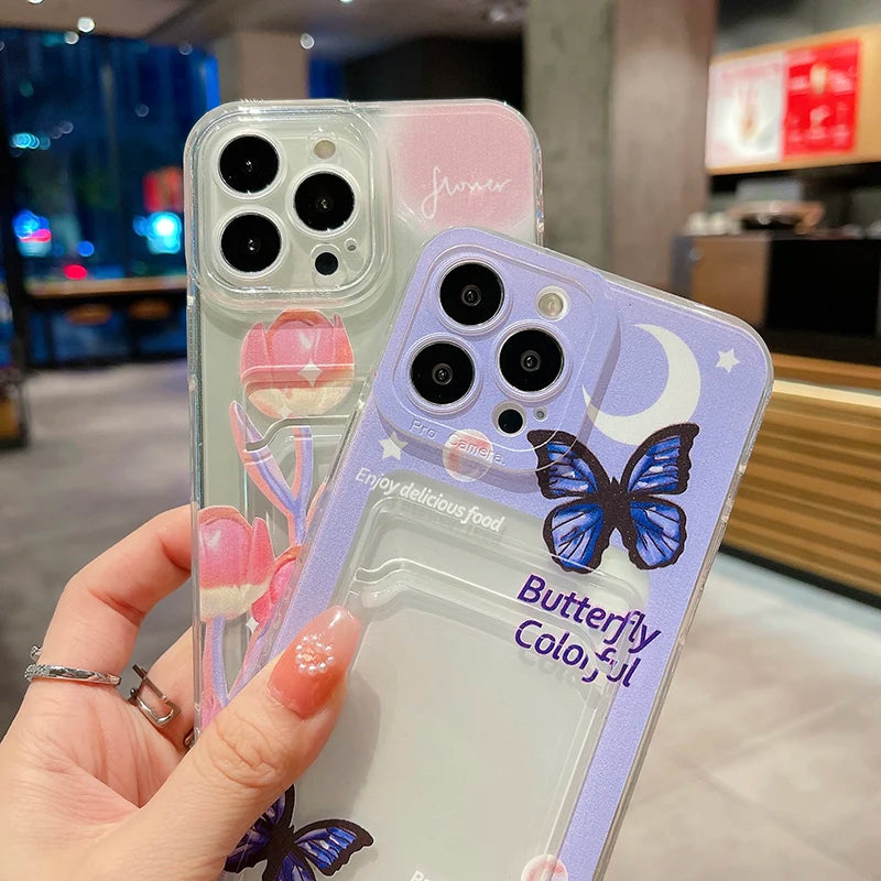 Ultra-thin Cute Card Holder Silicone Phone Case For iPhone 14 13 12 11 Pro Max SE XS XR X 8 7 Plus Camera Protection Back Cover