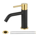 EZANDA Brass Single Handle Bathroom Faucet with Pop-up Sink Drain Assembly & Faucet Supply Lines, Matte Black with Brushed Gold