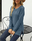Aloodor Sweatshirt for Women Long Sleeve V-Neck Sweater Side Split Hem Casual Tunic Tops