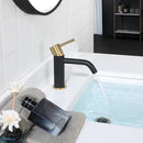 EZANDA Brass Single Handle Bathroom Faucet with Pop-up Sink Drain Assembly & Faucet Supply Lines, Matte Black with Brushed Gold