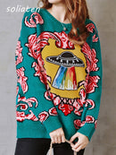 Mujeres Nuevo Vintage Cálido Espesar Suéteres UFO Nubes Jacquard Jerseys Otoño Invierno Punto Retro Suelto Tops Blusas C-012
