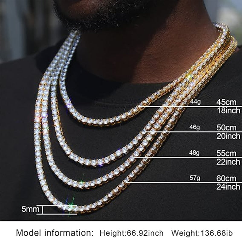 D&amp;Z 3MM-6MM Spring buckle Iced Out Full Cubic Zircon 1 Row Tennis Chain Necklace Gold Silver Color Hip Hop Jewelry