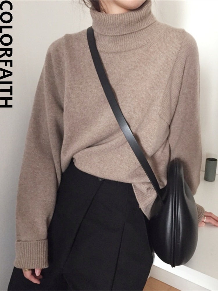 Colorfaith New 2022 Winter Spring Korean Style Knitwear Turtleneck Warm Pullover Solid Minimalist Elegant Women's Sweater SW7276