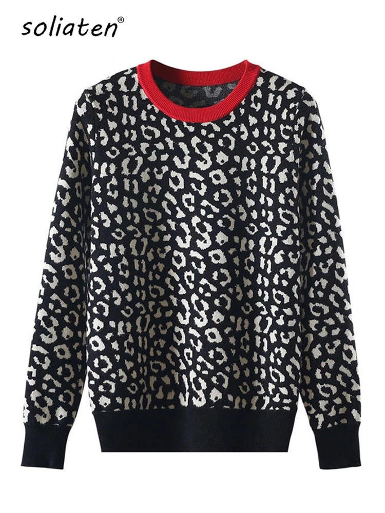 Herbst Winter Frauen Pullover Leopard Strickpullover Langarm Kontrastfarbe Rundhals Pullover Sweter Mujer C-026