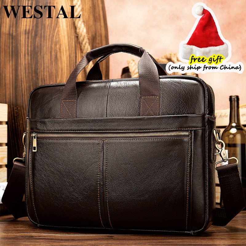 WESTAL Men&#39;s Briefcases Messenger Bag Men&#39;s Genuine Leather 14&#39;&#39; Laptop Bag Man Leather Office Business Bags for Document 8572