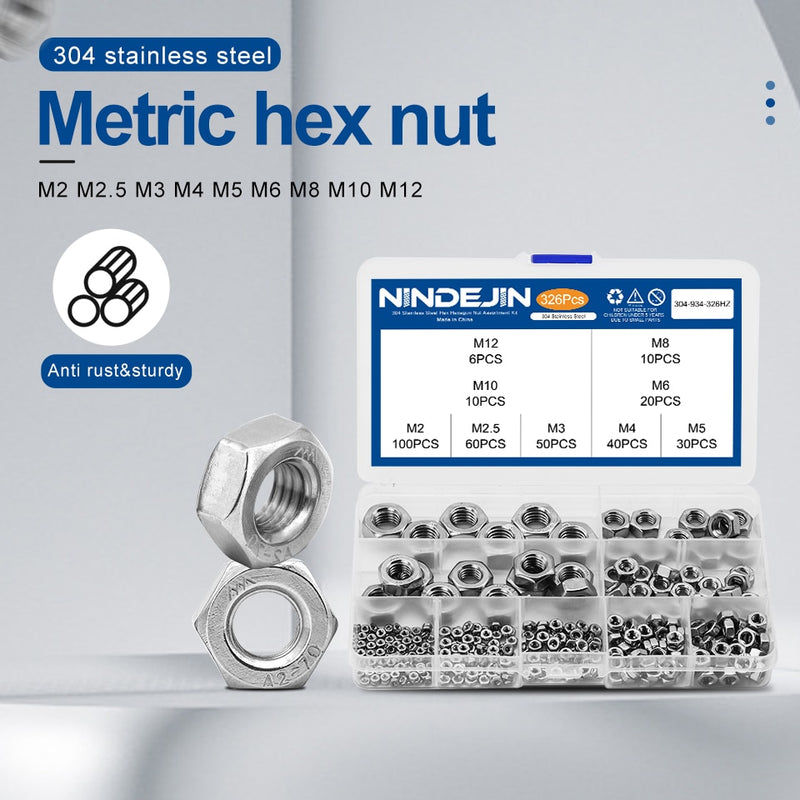 NINDEJIN 326pcs Hex Hexagon Nuts Assortment Kit M2 M2.5 M3 M4 M5 M6 M8 M10 M12 Stainless Steel Metric Hex Nuts Set DIN934