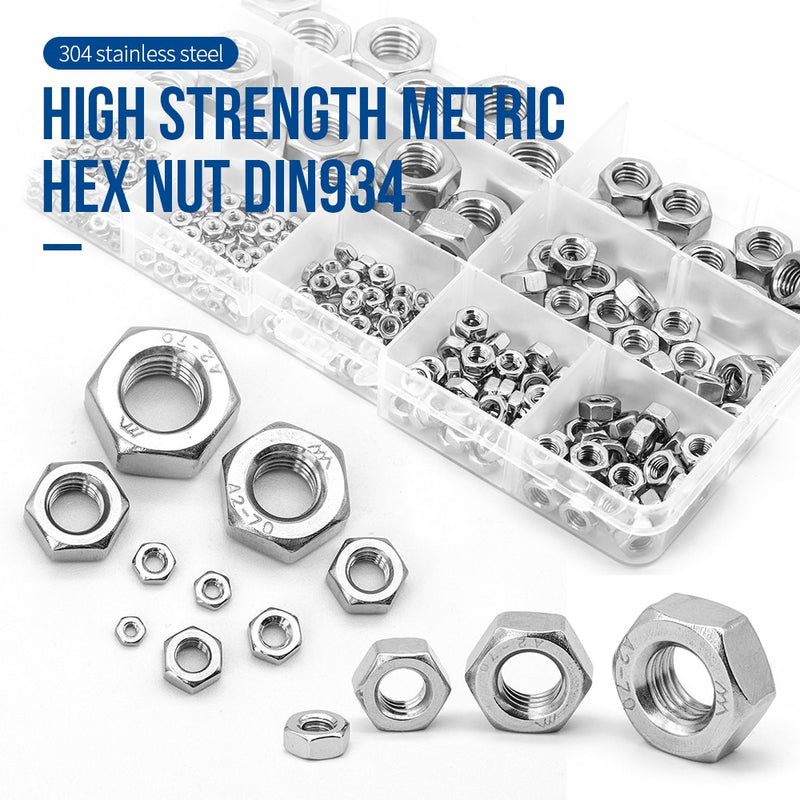 NINDEJIN 326pcs Hex Hexagon Nuts Assortment Kit M2 M2.5 M3 M4 M5 M6 M8 M10 M12 Stainless Steel Metric Hex Nuts Set DIN934