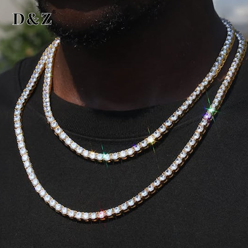 D&amp;Z 3MM-6MM Spring buckle Iced Out Full Cubic Zircon 1 Row Tennis Chain Necklace Gold Silver Color Hip Hop Jewelry