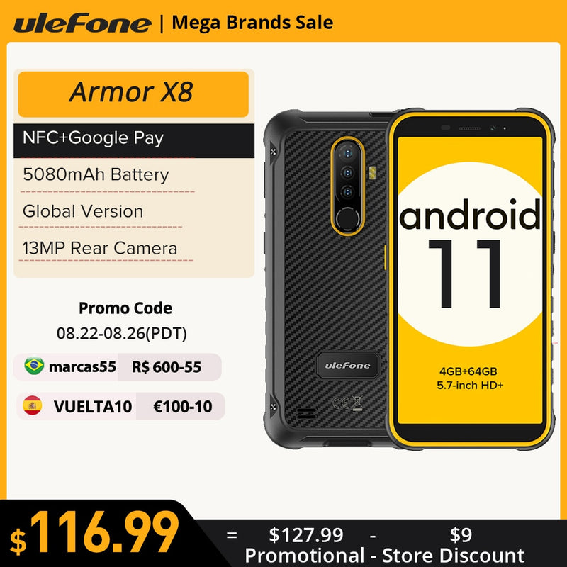 Ulefone Armor X8 Robustes wasserdichtes Smartphone Android11 ​​5,7-Zoll-Handy 4 GB 64 GB ip68 Octa-Core NFC 4G LTE-Handy