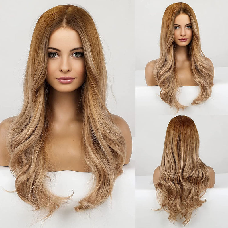 TINY LANA Synthetic Long Ombre Wavy Wigs Brown Blonde Middle Part Cosplay Wigs with Bangs For Women Long Hair Wigs Fake Hair