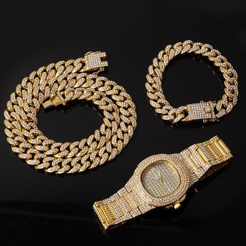 Collar + reloj + pulsera Hip Hop Miami Curb cadena cubana Color dorado diamantes de imitación pavimentados CZ Bling rapero para hombres joyería