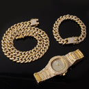 Halskette + Uhr + Armband Hip Hop Miami Curb Kubanische Kette Goldfarbe Iced Out Gepflasterte Strasssteine ​​CZ Bling Rapper Für Herrenschmuck