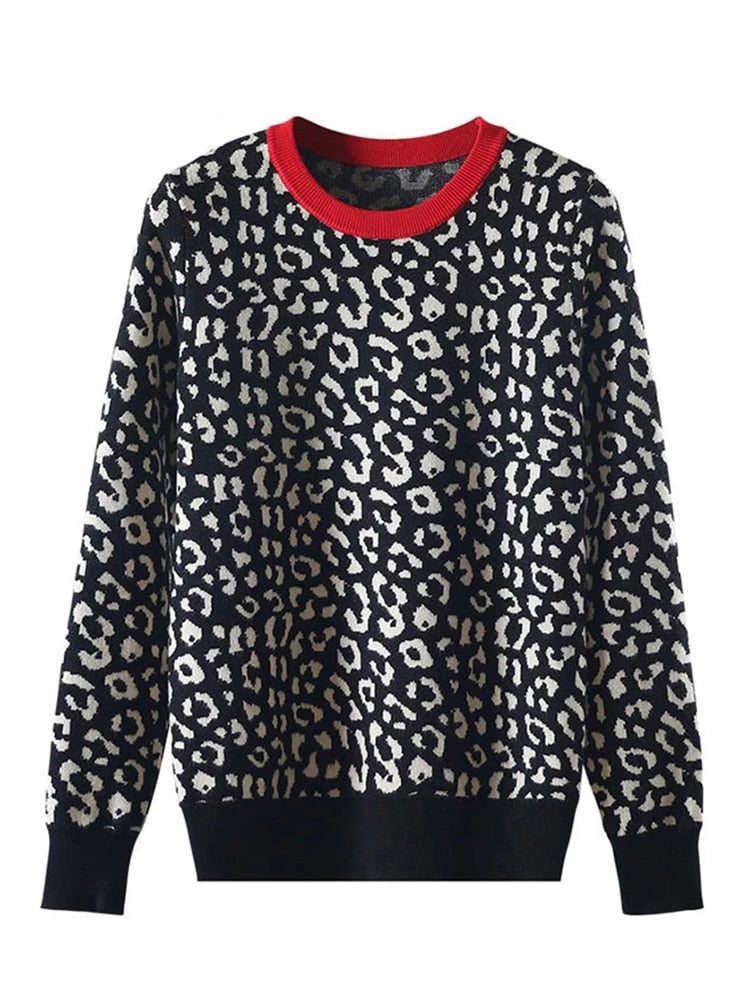 Suéteres de Otoño Invierno para Mujer, jerséis de punto de leopardo, jerséis de cuello redondo de Color de contraste de manga larga, jerséis de Mujer C- 026