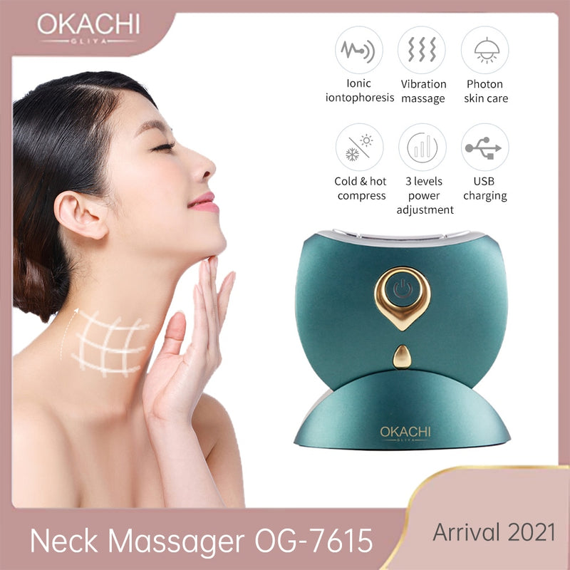 Masajeador de cuello OKACHI GLIYA 2021 Llegada Masaje facial Reafirmante de la piel Eliminación de arrugas Vibración Compresa fría y caliente Terapia LED EMS