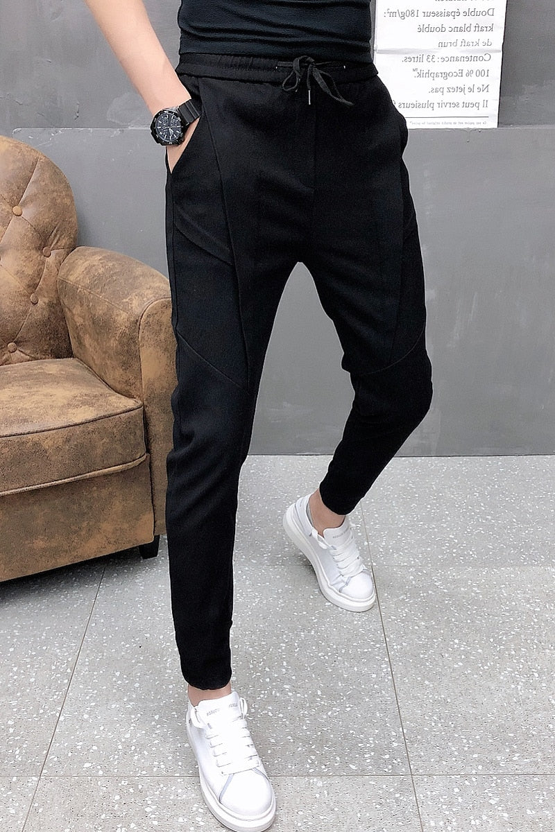 Fashion Korean Solid Joggers Men High Quality Spring Autumn Pants Men Slim Fit Drawstring Mens Casual Pants Black/Gray 36-28 Hot