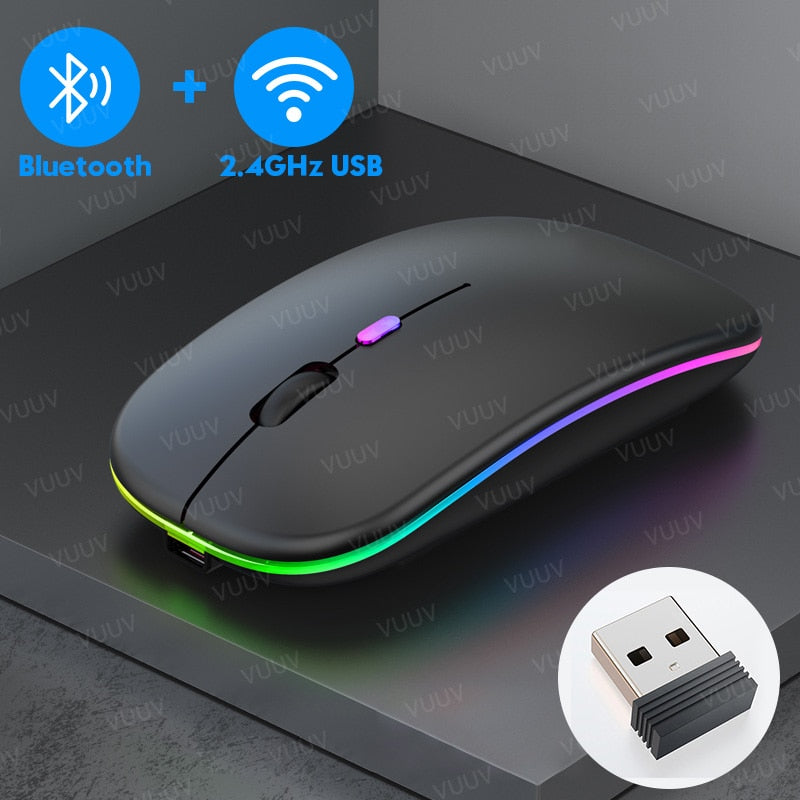 Ratón inalámbrico Bluetooth para ordenador, PC, portátil, iPad, tableta, MacBook con retroiluminación RGB, ratón USB recargable silencioso ergonómico