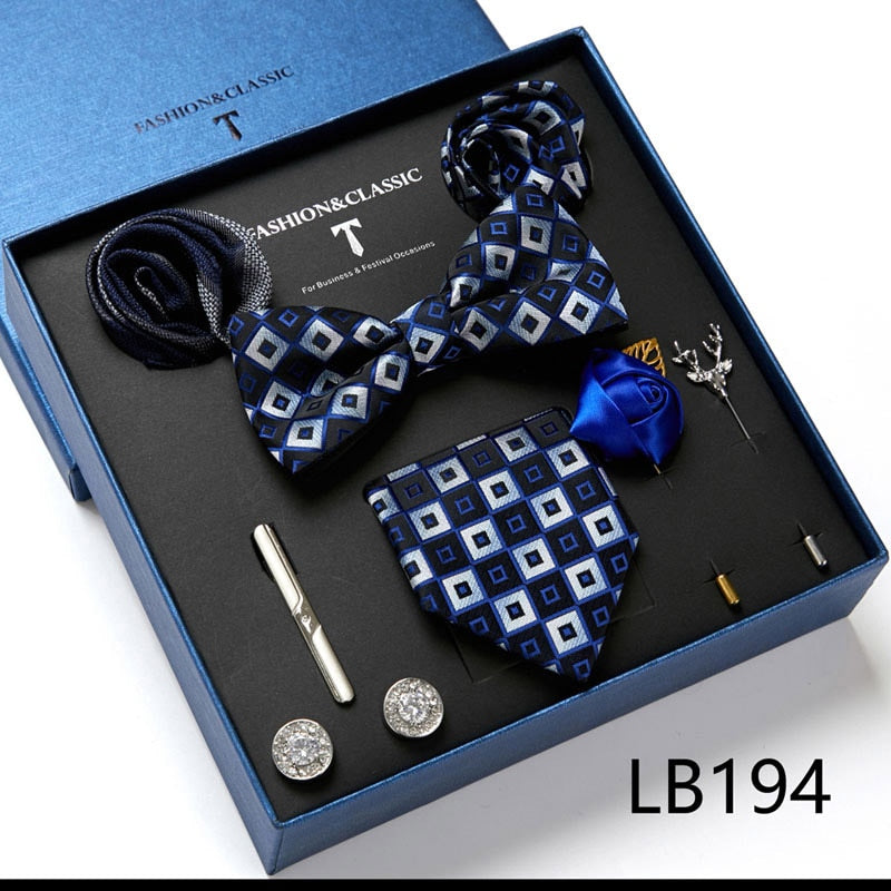 Envío Gratis, conjunto de corbata para hombre, caja de regalo de lujo, conjunto de corbata de seda, 8 Uds., embalaje interior, regalo festivo, pañuelos de bolsillo